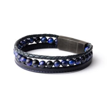 Dreifaches Armband mit 6 mm Tigerauge-Stein und Nappaleder - Triple Blue